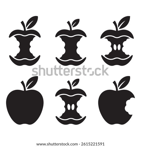 Apple Core Icon Set – Minimalist Black Apple and Bite Symbol Illustrations