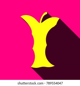 Apple Core icon. Vector. Flat yellow icon with with semitransparent shadow on rose background.