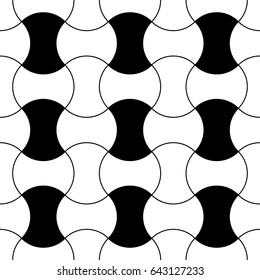 Apple core quilts texture. Patchwork motif. Seamless surface pattern design with ethnic ornament. White interlocking axehead figures on black background. Digital paper with hammerhead shapes.