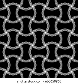 Apple core quilts texture. Seamless surface pattern design with ethnic ornament. Black interlocking axehead figures tessellation on white background. Image with hammerhead shapes. Patchwork motif.