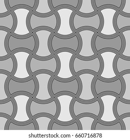 Apple core quilts texture. Seamless surface pattern design with ethnic ornament. Grey interlocking axehead figures tessellation on striped background. Image with hammerhead shapes. Bow patchwork motif