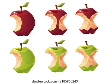 Apple core set cartoon vector illustration. Red apple stump on white background.