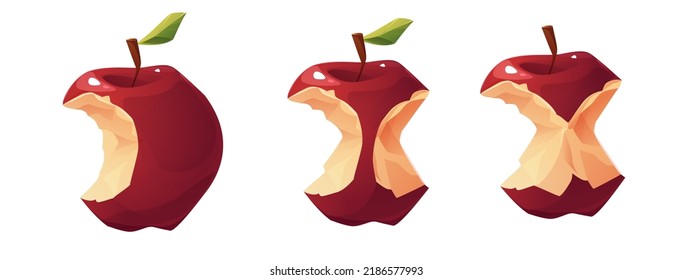 Apple core set cartoon vector illustration. Red apple stump on white background.