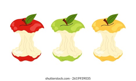 Apple core set. Fruit trash. Red, yellow and green apple stump on white background.