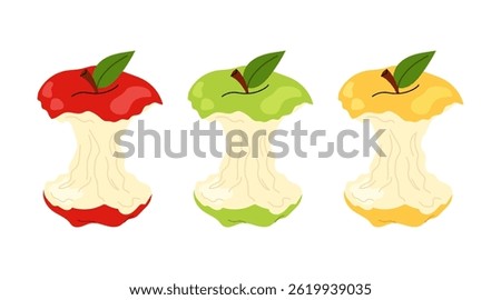 Apple core set. Fruit trash. Red, yellow and green apple stump on white background.