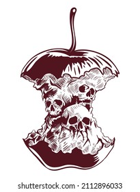 Apple core, stub vector image with the human sculls. Isolated on white background.