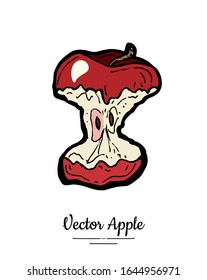 Apple core vector isolated. Red fruit hand drawn illustration. Trendy food vegetarian menu, fruit logo, icon. Apple core. Organic fruits illustration. Vector natural apple isolated, white background