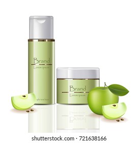 Apple cream and spray set Vector realistic cosmetics. Product package labels design