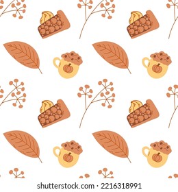 Apple crumble and cup with cream and autumn leaf and berry. Vector seamless pattern for packaging, wrapping paper.