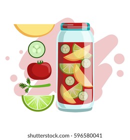 Apple, Cucumber, Tomato And Lime Smoothie, Non-Alcoholic Fresh Cocktail In A Glass And The Ingredients For It Vector Illustration