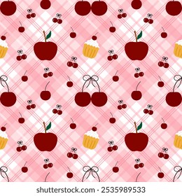 Apple , cupcakes , cherry on a pink background,, cute pattern, seamless pattern 