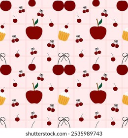 Manzana, cupcakes, cereza sobre un fondo rosa, lindo patrón, patrón transparente 