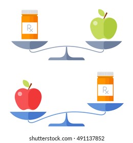 Apple and a cure on a scales. Flat concept illustration of balance, healthy food and drug symbols. Isolated vector elements for medical and healthcare infographics, presentations, publish and web.