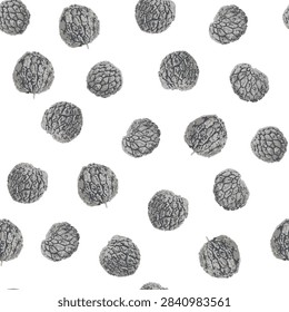 Apple custard chirimoya vector images and fresh tropical fruit 
seamless black and white fruit scaly skin are placed side by side on a white background used textiles, dress, home tex, wallpapers