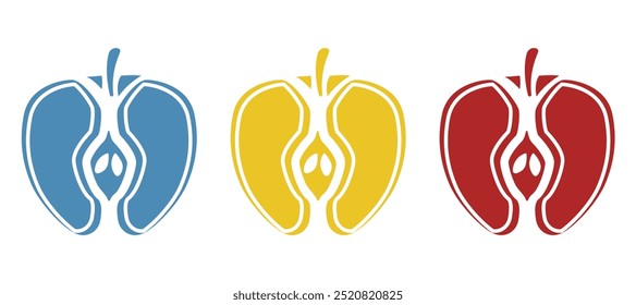 Manzana cortada en medio icono sobre un fondo blanco, Ilustración vectorial