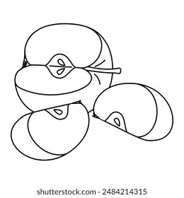 Apple cut into slices line art drawing coloring page. Cross section of cut apple, slices fruit black and white vector illustration. Hand drawn doodle style.