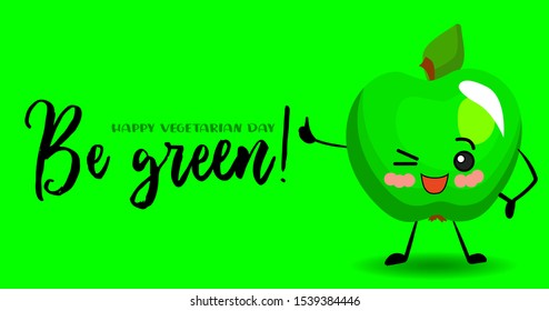 An Apple. Cute characters with hands and faces on a green background. Greeting card for vegan day and vegetarian day.