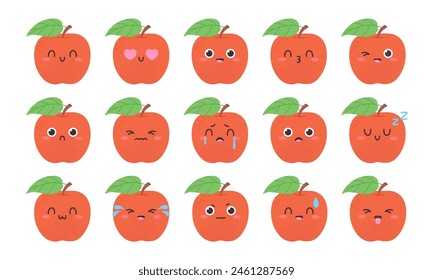 Apple cute face. Red apples funny faces with different emotions. Happiness, surprise, in love and crying fruit. Childish mascot, racy vector set
