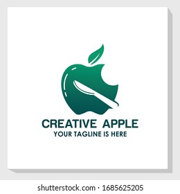 Apple and cutlery icon logo template vector, nature food logo template