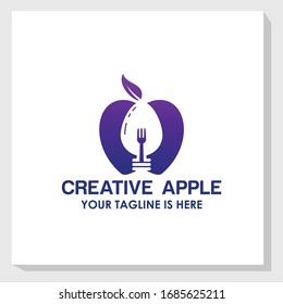 Apple and cutlery icon logo template vector, nature food logo template