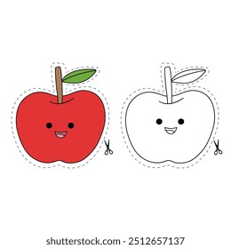 Apple cutting practice worksheet for Kids. Trace and color apple. Color and cut worksheet. Apple tracing worksheet printable. Kindergarten and preschool activity. Apple coloring page printable. 