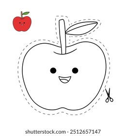 Planilha de prática de corte da Apple para crianças. Maçã de traço e cor. Planilha de cores e recortes. Planilha de rastreamento da Apple imprimível. Jardim de infância e atividade pré-escolar. Página de coloração de maçã imprimível. 