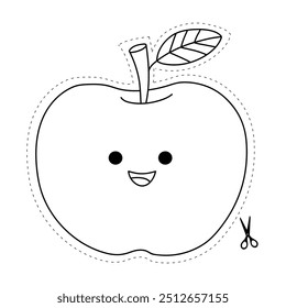Apple cutting practice worksheet for Kids. Trace and color apple. Color and cut worksheet. Apple tracing worksheet printable. Kindergarten and preschool activity. Apple coloring page printable. 