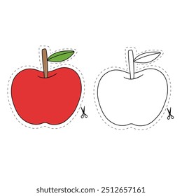 Hoja de trabajo de práctica de corte de Apple para niños. Trazo y color manzana. Coloree y corte la hoja de cálculo. Hoja de cálculo de rastreo de Apple imprimible. Actividades de jardín de infantes y preescolar. Página para colorear de Apple imprimible. 
