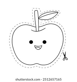 Apple cutting practice worksheet for Kids. Trace and color apple. Color and cut worksheet. Apple tracing worksheet printable. Kindergarten and preschool activity. Apple coloring page printable. 