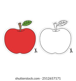 Apple cutting practice worksheet for Kids. Trace and color apple. Color and cut worksheet. Apple tracing worksheet printable. Kindergarten and preschool activity. Apple coloring page printable. 