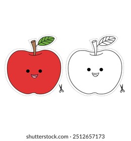 Apple cutting practice worksheet for Kids. Trace and color apple. Color and cut worksheet. Apple tracing worksheet printable. Kindergarten and preschool activity. Apple coloring page printable. 