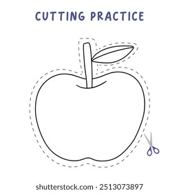 Apple cutting practice worksheet for Kids. Trace and color apple. Color and cut worksheet. Apple tracing worksheet printable. Kindergarten and preschool activity. Apple coloring page printable. 