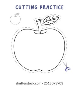 Apple cutting practice worksheet for Kids. Trace and color apple. Color and cut worksheet. Apple tracing worksheet printable. Kindergarten and preschool activity. Apple coloring page printable. 