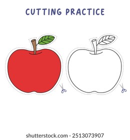 Apple cutting practice worksheet for Kids. Trace and color apple. Color and cut worksheet. Apple tracing worksheet printable. Kindergarten and preschool activity. Apple coloring page printable. 