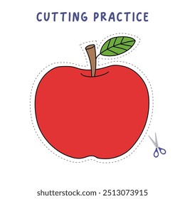 Planilha de prática de corte da Apple para crianças. Maçã de traço e cor. Planilha de cores e recortes. Planilha de rastreamento da Apple imprimível. Jardim de infância e atividade pré-escolar. Página de coloração de maçã imprimível. 