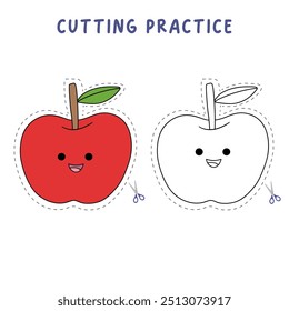 Apple cutting practice worksheet for Kids. Trace and color apple. Color and cut worksheet. Apple tracing worksheet printable. Kindergarten and preschool activity. Apple coloring page printable. 