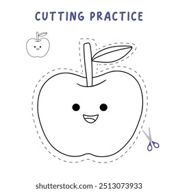 Apple cutting practice worksheet for Kids. Trace and color apple. Color and cut worksheet. Apple tracing worksheet printable. Kindergarten and preschool activity. Apple coloring page printable. 