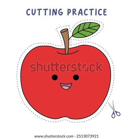 Apple cutting practice worksheet for Kids. Trace and color apple. Color and cut worksheet. Apple tracing worksheet printable. Kindergarten and preschool activity. Apple coloring page printable. 