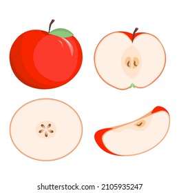 Apple design elements. Whole apple, slices, leaves and apple seeds flat style isolated on white background.Red Apple set.