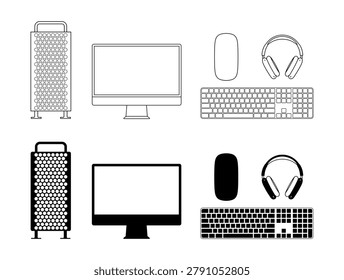 Apple Desktop Product Icon Set Featuring Mac Pro Studio Display Magic Keyboard Magic Mouse and Air Pods Max Vector Illustration Collection