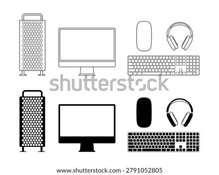 Apple Desktop Product Icon Set Featuring Mac Pro Studio Display Magic Keyboard Magic Mouse and Air Pods Max Vector Illustration Collection