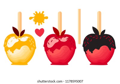 Apple dessert with color caramels in glaze. Sweet candy on sticks. Vector illustration on white background.