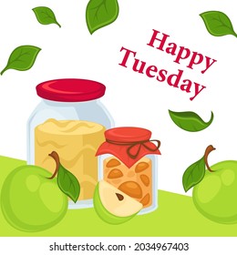 Apple desserts and fresh fruits, happy tuesday special offer of shop. Marmalade or jam in jar, sweet vegan nutrition. Promotional banner or poster, cafe or restaurant discounts. Vector in flat style