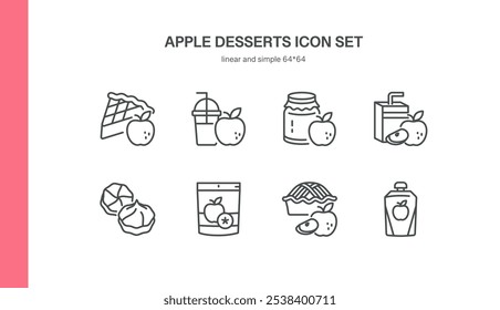 Conjunto de iconos de postres de manzana. Ilustraciones de línea aislada de dulces de manzana, incluyendo tarta de manzana, mermelada de manzana, jugo, chips secos y malvavisco. Representación de alimentos orgánicos, refrigerios saludables y Productos de frutas.