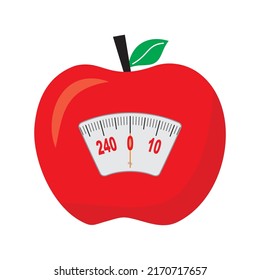 Ilustración del icono del vector de la dieta de Apple. Manzanas rojas y escalas, menú dietético de Apple. Gimnasio blanco aislado y concepto de iconos de gimnasio. Pérdida de peso, estilo de vida saludable. Nutrición adecuada.