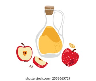 Apple dietary Drink. Full glass bottle, apple fruits. Yellow Juice in bottle and red apples. Healthy organic food. Colorful Vector illustration in flat style on white background for menu, recipe