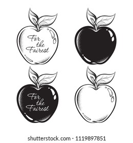 Apple of discord line art and dot work hand drawn set , hellenistic mythology, gift to a goddesses For the Fairest. Boho sticker, print or blackwork flash tattoo art design vector illustration