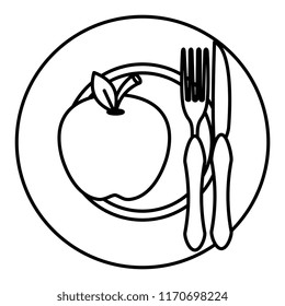 apple in dish with fork and knife