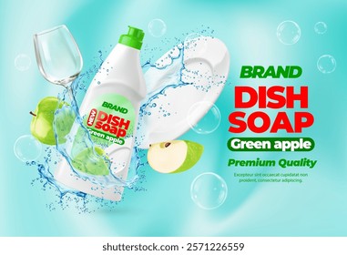 Apple dish wash liquid soap bottle, detergent product with water splashes. 3d vector ads poster promo template with dish wash tube, clean plates and wineglass, bubbles and fruit slices on background