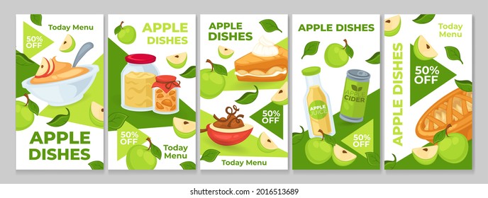 Apple dishes story, healthy food in today menu poster set, vector illustration. Restaurant advertising with fresh fruit food, special offer with discount. Organic meal at graphic promo banner.